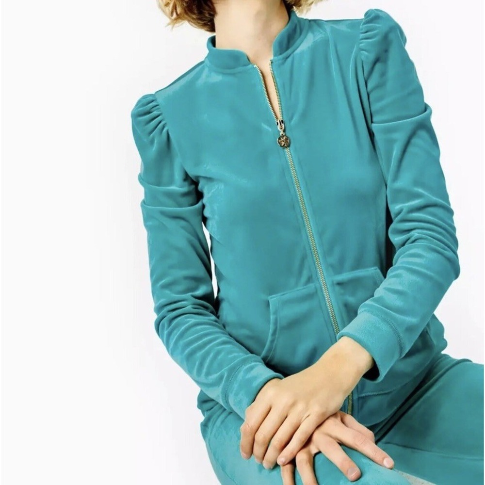 Lilly Pulitzer Evanna Velour Zip Up‎ Jacket Teal Green Puff Sleeve Womens Large